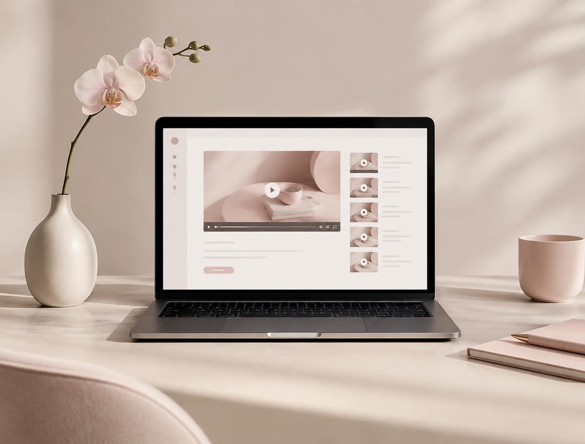 Interface de formation en ligne sur un ordinateur, ambiance rose poudré